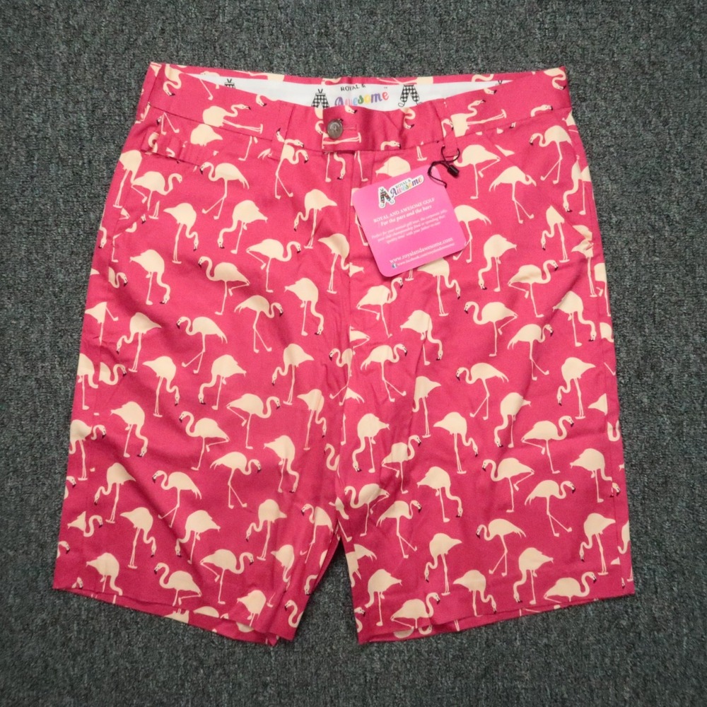 Royal & Awesome Shorts Mens 32 Pink Birdie Breeks Flamingos Golf‎ Chino NWT